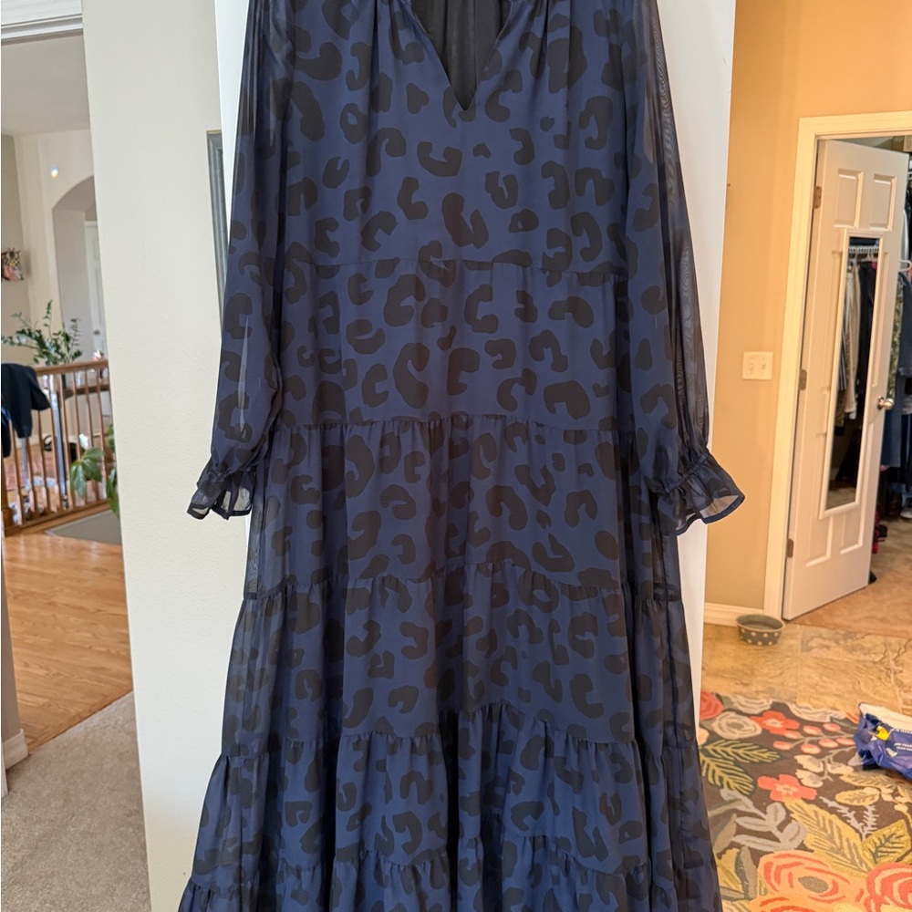 Mud Pie Navy Leopard Print Long Sleeve Dress